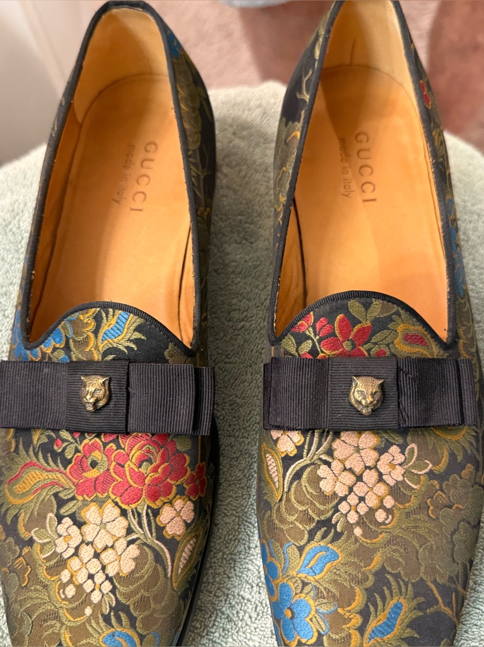Gucci Floral Brocade Ribbon Loafers in Black, Gold, Blue & Red - Picture 2 of 14